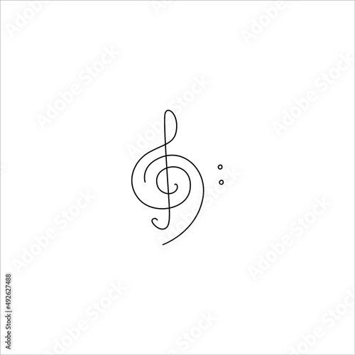 Treble and bass clef, small tattoo, print for clothes and logo design, emblem or logo design, silhouette one single line, isolated abstract vector illustration.