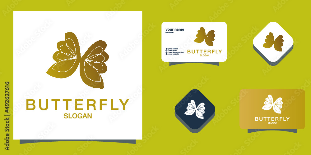 Beautiful nature flying insect monoline design butterfly logo with flat minimalist template Premium Vector 