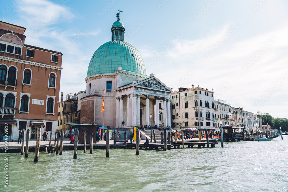 Landscape view of romantic Venice with architecture buildings during summer vacations, Adriatic sea with beautiful historic center for visiting sightseeing landmarks on getaway touristic trip