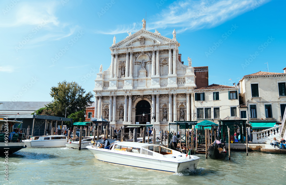 Sightseeing view of water grande canal for exploring Venice during touristic vacations in summer, concept of spending romantic getaway journey trip in Italian city - historic center in Venezia