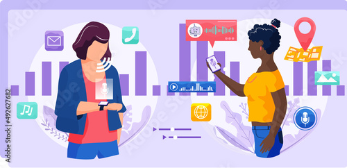 Voice assistant. Smart speaker virtual assistant, sound robot, people using voice controlled smart speaker. Voice activate digital assistant identification control contactless mobile device microphone