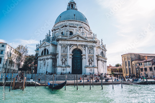 Picturesque view of ancient architecture building cathedral Santa Maria della Salute in historic center of beautiful Italian city - Venice, scenic Venetian landmark during international vacations