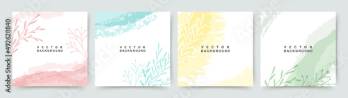 Spring square backgrounds. Minimal style with floral elements and watercolor texture. Editable vector template for card, banner,  invitation, social media post, poster, mobile apps, web ads