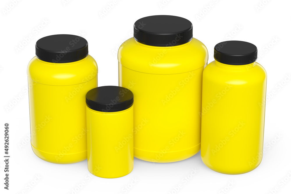 Set of yellow plastic jar for sport nutrition protein powder isolated on white Set of yellow plastic jar for sport nutrition protein powder isolated on white