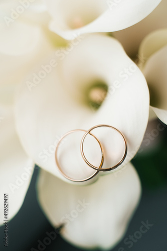 Luxury rich rings wedding rings close-up on a petal of white calla