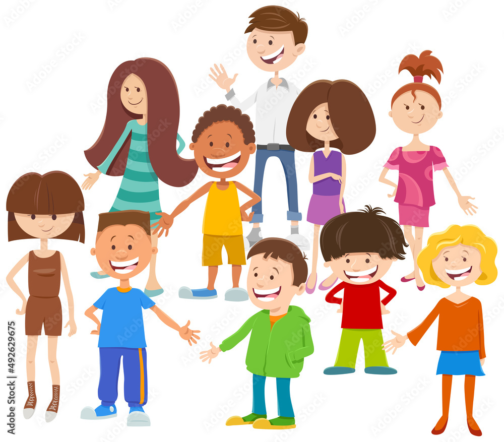 cartoon happy children or teenagers characters group cartoon happy children or teenagers characters group