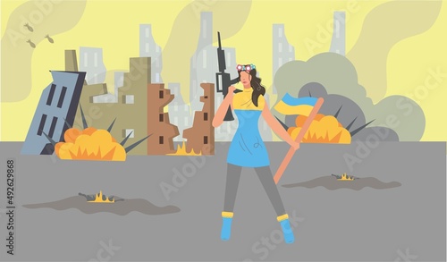 Ukrainian girl with a flag and a gun. Military selfless woman in a burning city during the bombing is ready to defend.Stop the war in Ukraine. Vector isolated illustration. Flat style.