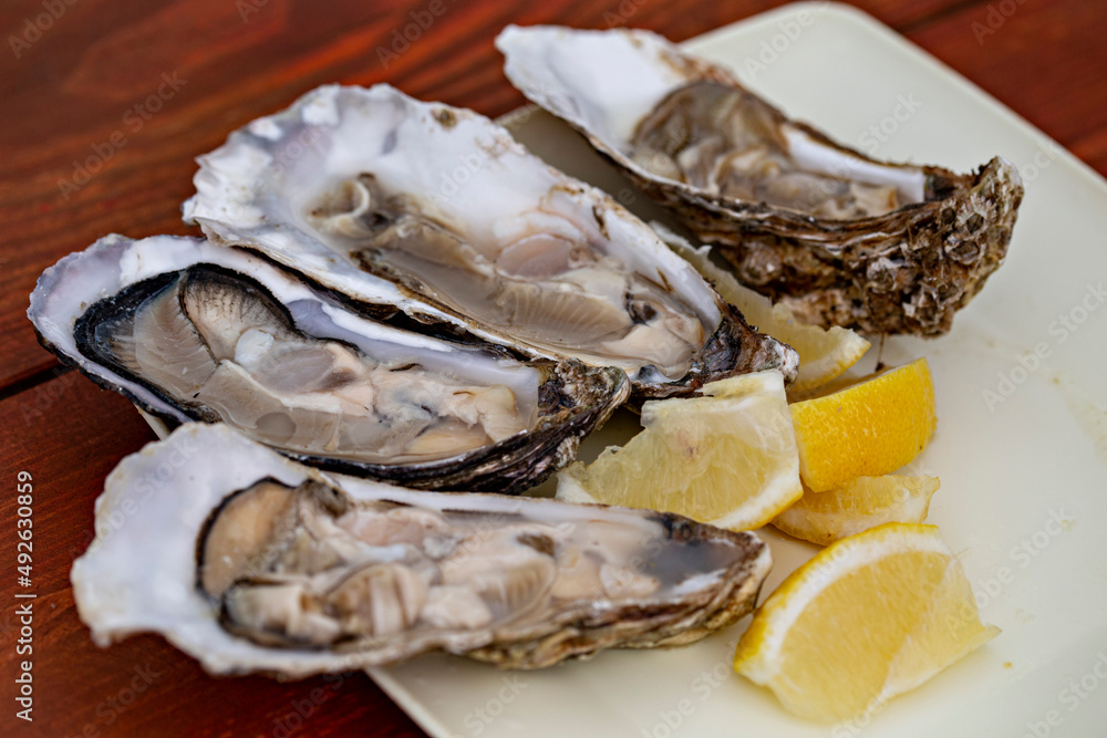 Fresh oysters close up with slices of lemon Fresh oysters close up with slices of lemon