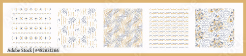 French blue linen seamless pattern set. Tonal farmhouse cottage style background. Simple vintage rustic fabric textile effect. Primitive modern shabby chic kitchen cloth design group. 