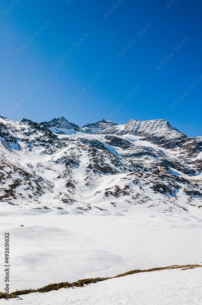 Bernina, Lago Bianco, Cambrena, Gletscher, Alpen, Graubünden, Winter, Schneedecke, Berninaexpress, Berninapass, Zugfahrt, Wintersport, Eis, Stausee, Schweiz