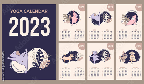 Annual Calendar 2023. Yoga pets. set of templates for 12 months of 2023 with cute dogs, meditating, doing yoga and fitness. Vector illustration. Sunday Week. 6 pages in 2 months and cover, in English