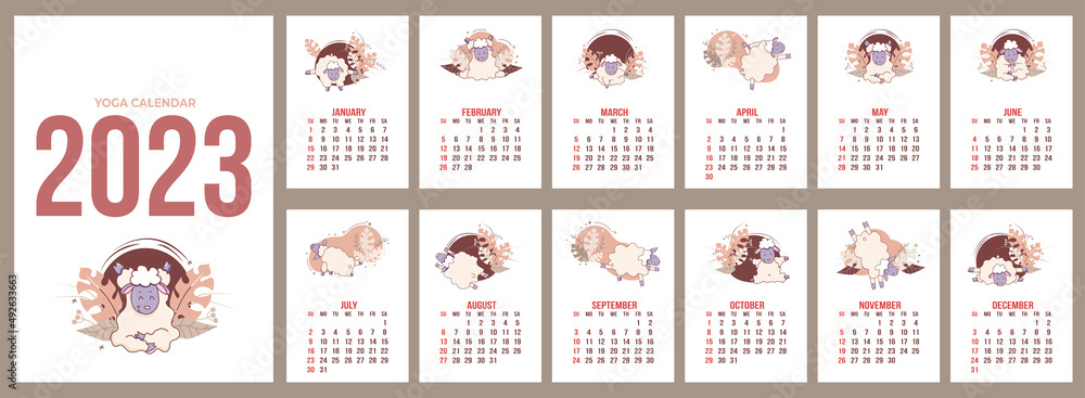 Annual Calendar 2023. Yoga Animals. set of templates for 12 months 2023 and cover with cute sheep and meditation, yoga and fitness classes. Vector illustration. week begins with Sunday. in English