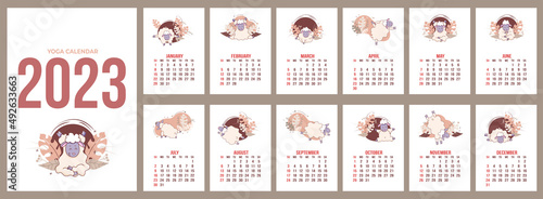 Annual Calendar 2023. Yoga Animals. set of templates for 12 months 2023 and cover with cute sheep and meditation, yoga and fitness classes. Vector illustration. week begins with Sunday. in English