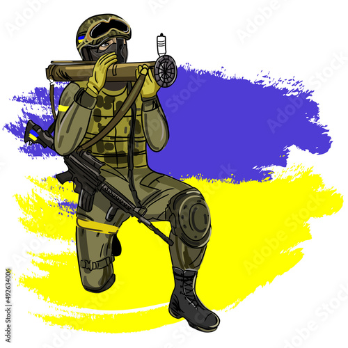 Ukrainian soldier with an anti-tank grenade launcher, RPG on the background of the Ukrainian flag, vector cartoon illustration. Ground Forces of Ukraine