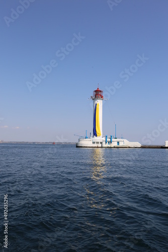 Odessa vorontsov lighthouse with blue-yellow flag of Ukraine