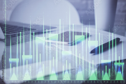 Double exposure of forex graph drawing and cell phone background. Concept of financial data analysis © peshkova