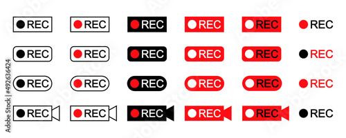 Rec vector icons. Set with recording symbols on white background. Recording sign.