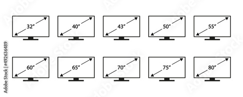 Screen size vector icon set.  Diagonal screen size in 32, 40, 43, 50, 55, 60, 65, 70, 75, 80 inches icons on white background. Vector 10 EPS.