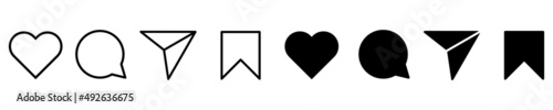 Social media icons: like, comment, share and save. Set with social media signs. Vector collection.