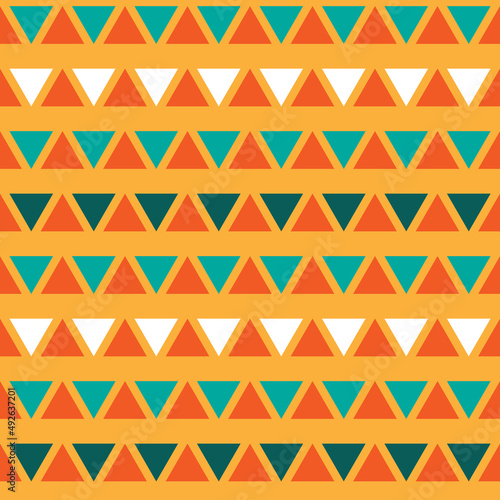 Abstract geometric triangle seamless pattern. Bright joyful pattern in orange, teal, turquoise and white. Ethnic style background