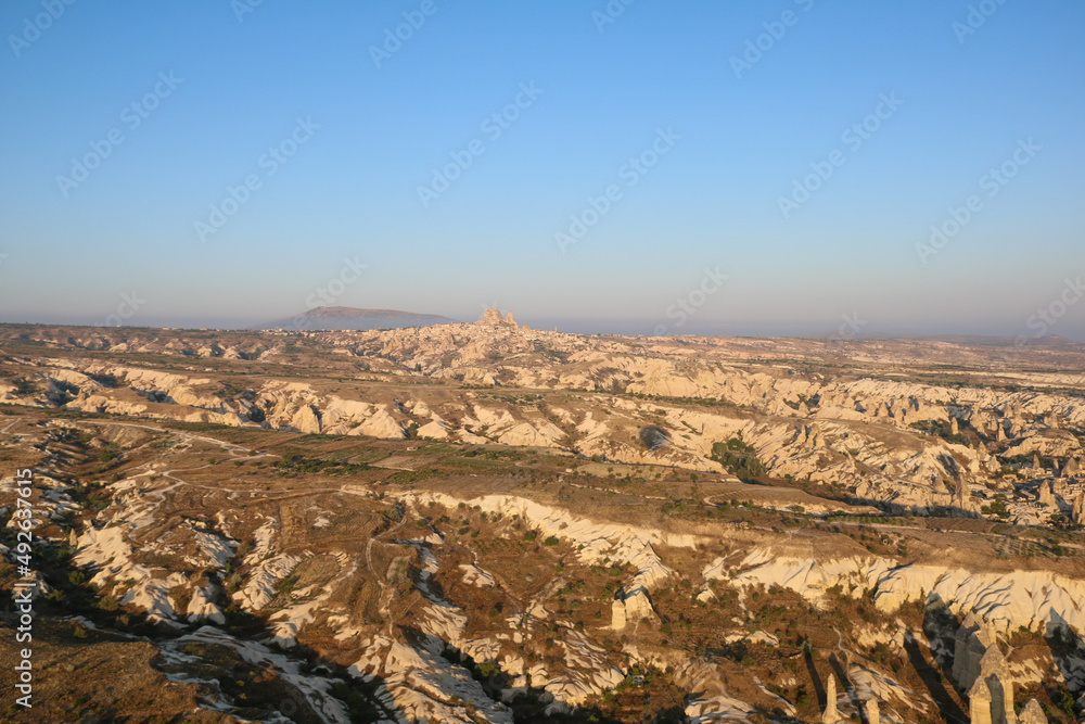 view of goreme national park from hot air balloon at sunset