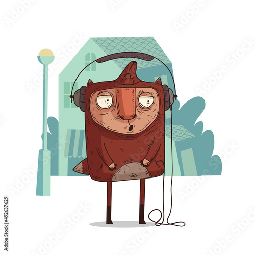 A music fan, vector illustration. A guy in a bear pajama, standing against buildings' silhouettes and listening to the music. A hipster dude in wired headphones. An urban character. A melomaniac.
