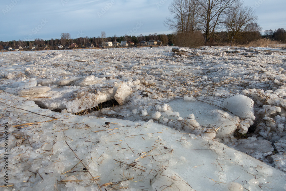 Impossible road covered with ice and snow on the river bank in Vecdaugava nature reserve in Latvia after winter floods, Where do you want to go today?