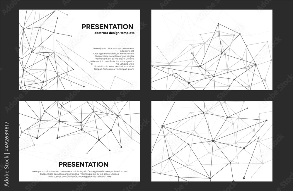 White and black ppt background design. Vector slide powerpoint. Presentation cover with plexus