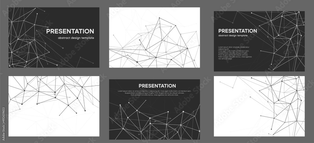 Black and white abstract ppt background. Tech slide with plexus line for brand book or brochure