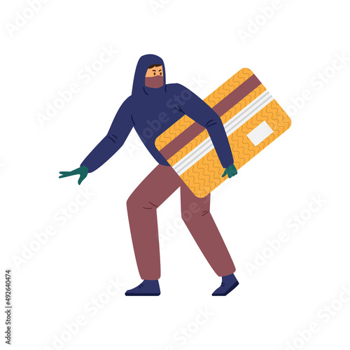 Criminal wearing hoodie and face mask steal credit card information. Computer fraud or online data thief, vector concept