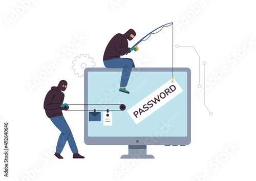 Hacker, wearing hoodie and balaclava mask, phishing password, steal email and online data. Computer fraud illustration.