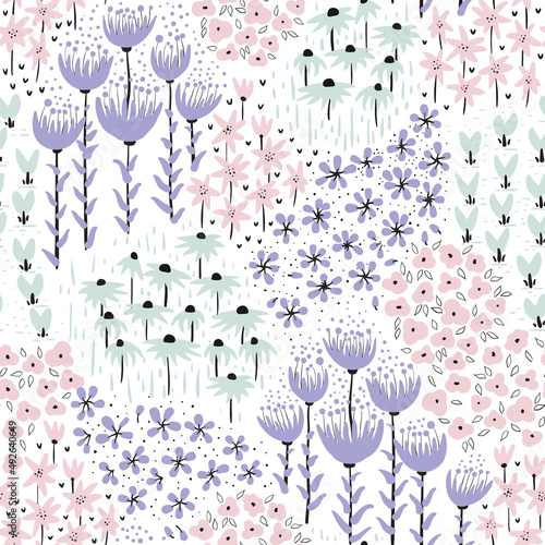 Vector seamless pattern background with pastel hand drawn flowers. Candy colors Cotton Candy, Lilac, Seaglass. Perfect for textile, fabric, wallpapers, graphic art, printing etc.