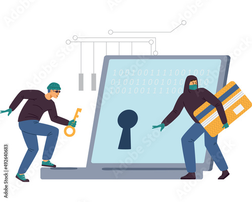 Computer security technology and cyber fraud concept flat vector illustration.