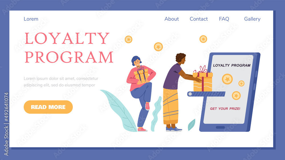 Loyalty program web banner with people getting rewards flat vector Illustration. Loyalty program web banner with people getting rewards flat vector Illustration.