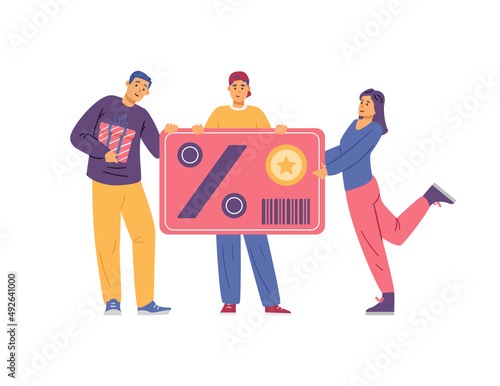 Cheerful happy clients holding shop gift card flat vector illustration isolated.