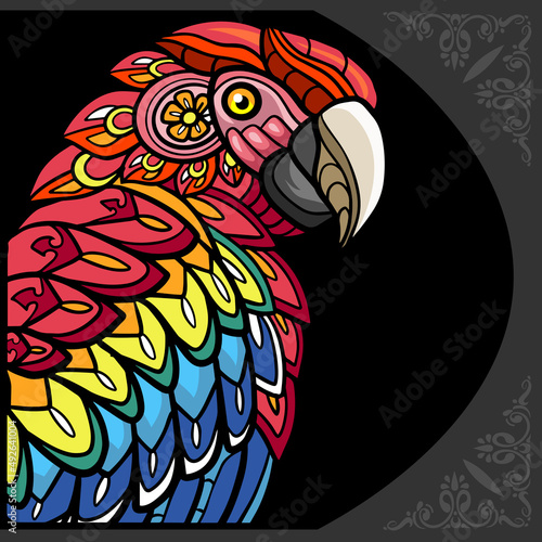 Colorful macaw bird zentangle arts, isolated on black background