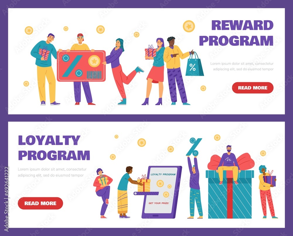 Reward program vector banner. People get prize, gift and bonus because they use loyalty program. Vector illustration. Reward program vector banner. People get prize, gift and bonus because they use loyalty program. Vector illustration.
