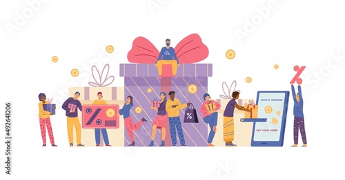 Reward program vector banner or border. Black and white people stand around huge gift box, shopping with loyalty card.