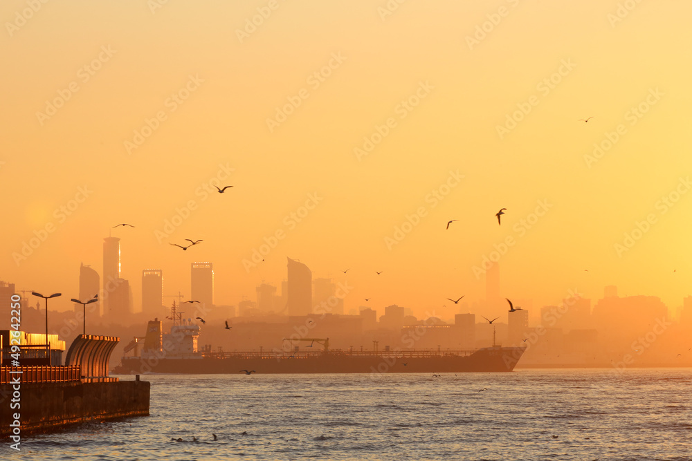 Fototapeta premium Ships sail along the Bosphorus in the yellow dawn light. Birds fly in the sky. Panorama of the city, silhouettes of skyscrapers, promenade. Istanbul, Turkey