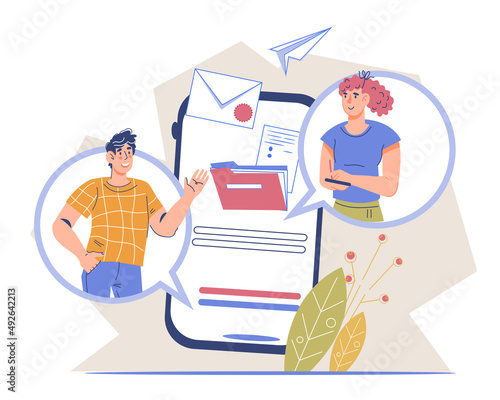 People send mail and share files and documents online through a mobile app. Business workflow, email message and sms sending, flat cartoon vector illustration isolated on white background.