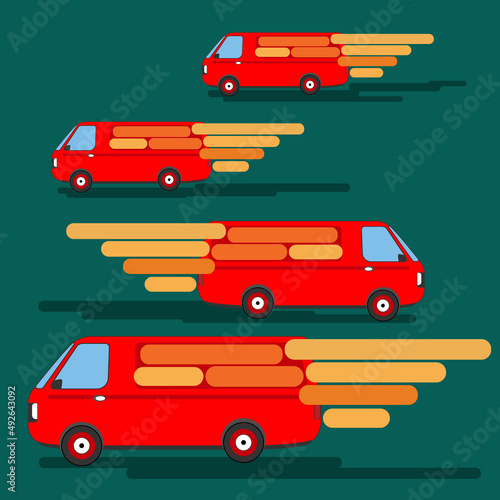 Fototapeta Naklejka Na Ścianę i Meble -  Four red transport cars are driving fast to fulfill orders.  On a green background. For website design, store design, banner creation, print design concept. Vector illustration.