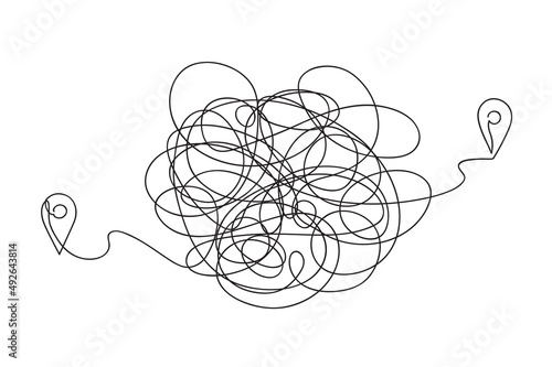 Tangled Traffic route between two points on map. Geolocation signs and trip plan trace. Continuous line art drawing vector illustration