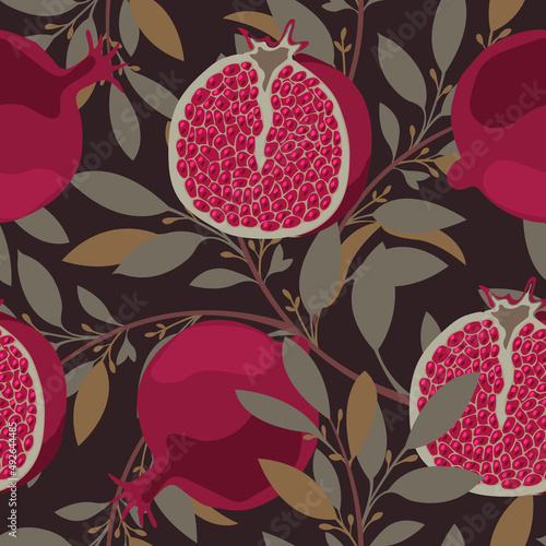 Art floral vector seamless pattern. Pomegranate tree with maroon fruits and leaves. 