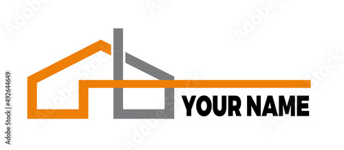 A house made with colored stripes in orange and gray. Vector logo Business Abstract Shape