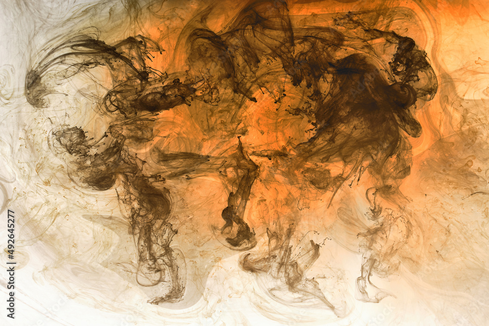 Orange white black smoke background, colorful fog, abstract swirling ink ocean sea, acrylic paint pigment underwater