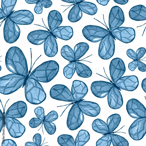 Watercolor seamless pattern with light blue Butterflies on a white background. Butterfly wallpaper. Cute design for print  textile  wrapping paper