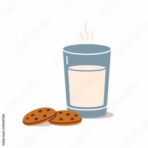 A glass of milk and two oatmeal cookies with chocolate chips. Vector illustration in flat trendy style.