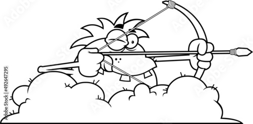 Outlined Caveman Cartoon Character Aiming Bow And Arrow Hiding In Bush. Vector Hand Drawn Illustration Isolated On White Background