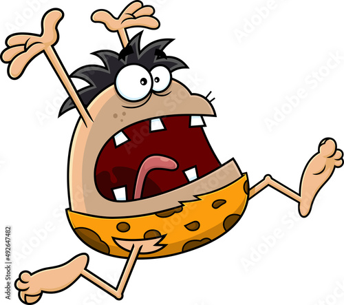 Scared Caveman Cartoon Character Running. Vector Hand Drawn Illustration Isolated On White Background