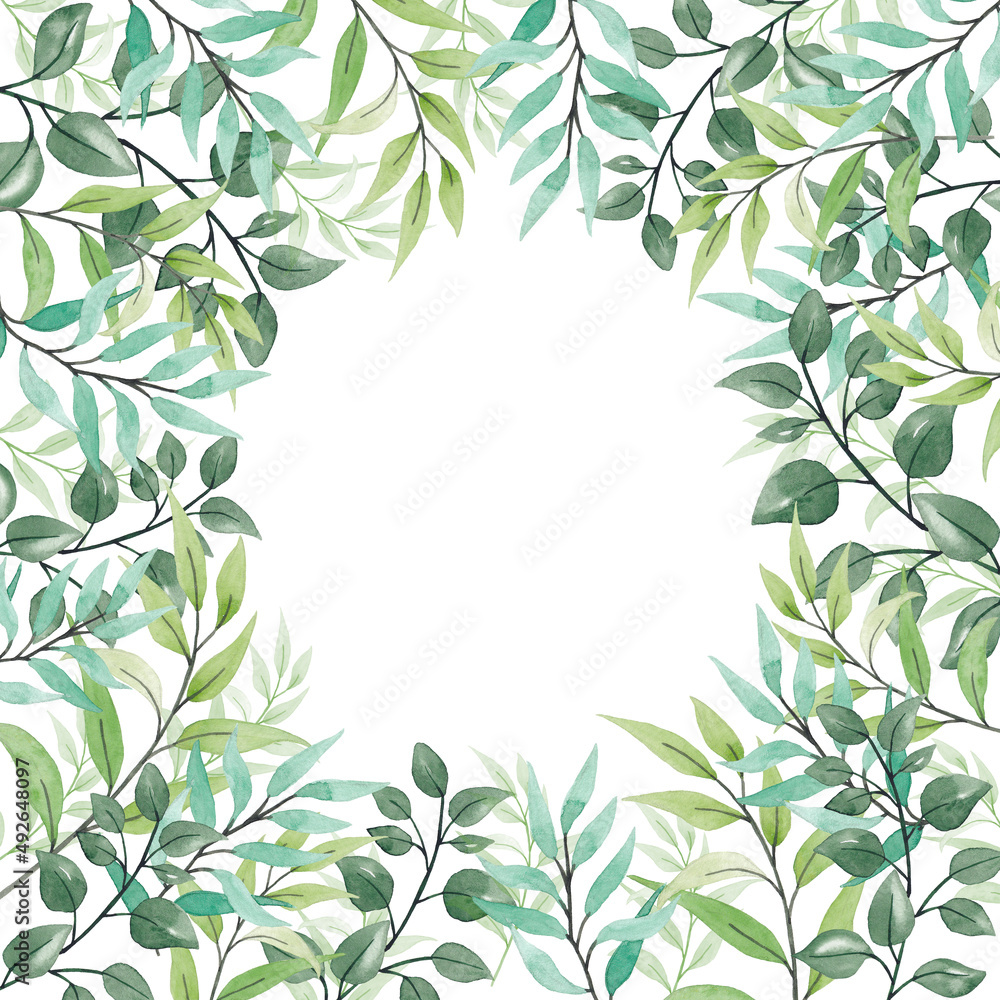 Watercolor floral illustration - frame of leaves and branches for wedding stationery, congratulations, wallpaper, fashion, background. Eucalyptus, olive, green leaves, etc.